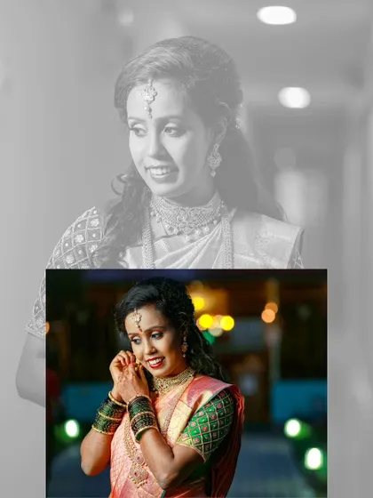 A beautiful bridal portrait collage, layering a color shot over a soft black and white background to highlight the bride's features.