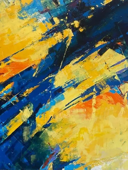 The full view of the sold 'Confluence' abstract. The piece is a whirlwind of color and motion, designed to be a high-energy focal point.