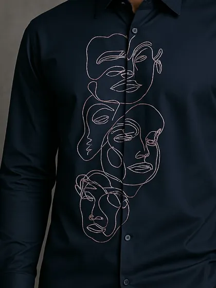 An angled close-up of the abstract faces, showing how the design wraps around the front of the shirt. This is a key detail in my bespoke shirtmaking process.