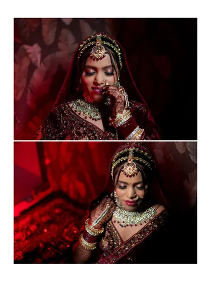 A two-panel image showing close-ups of the bride's face, highlighting her makeup and the delicate details of her jewelry.