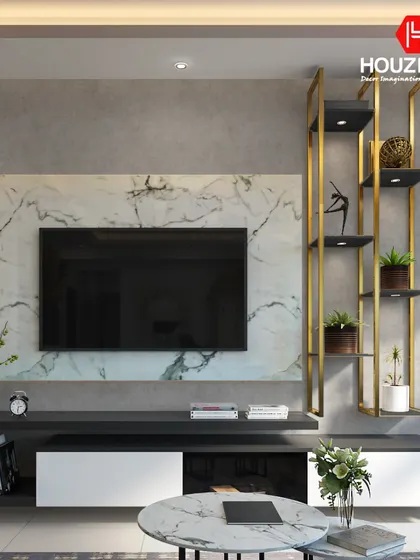 A striking TV unit design featuring a marble-patterned back panel and a gold-finished open shelving unit. The contrast between the dark console and white drawers adds to its modern appeal.