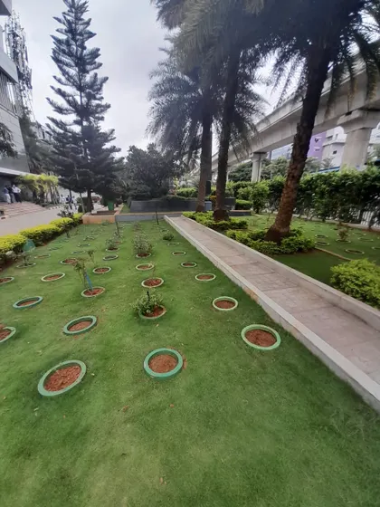 A green space adjacent to a metro line, showcasing a lawn with systematically planted saplings in circular beds. This is an example of public or community landscaping in an urban setting.