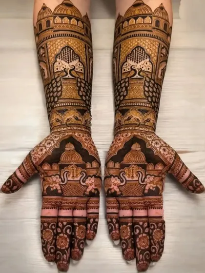 A stunning design with peacocks and architectural domes.