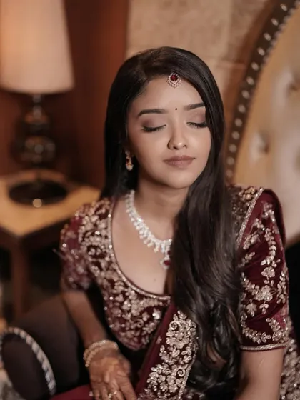 A close-up of Chaithanya's matte eye makeup. This look is perfect for brides who want definition without heavy shimmer, creating a sophisticated and elegant feel.