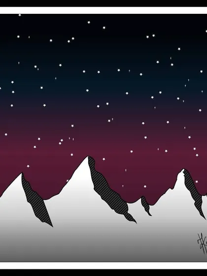 A graphic illustration of snowy mountains beneath a starry sky. This piece is about finding peace on top of the mountains and beneath the stars.