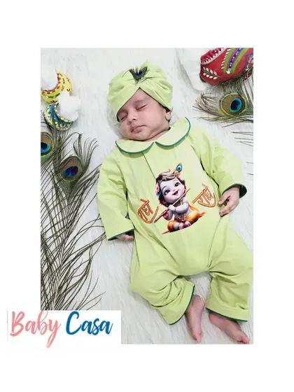 "Radhe Radhe." This light green printed romper is another comfortable and cute option for celebrating Janmashtami, perfect for a nap after the festivities.