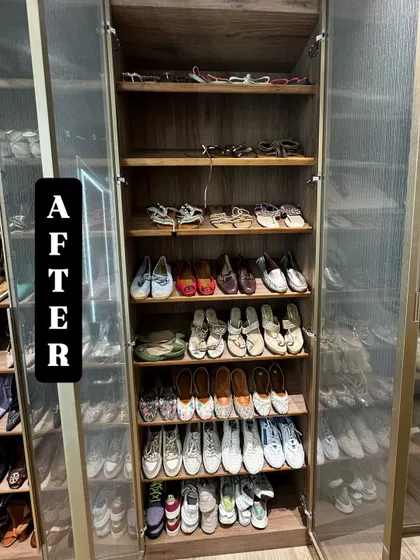 After: Another view of the transformed shoe closet. By using the full height of the shelves, we were able to create a home for every single pair.