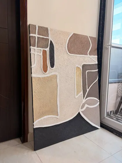 A 4ft x 3ft textured abstract piece in earthy tones. The composition is defined by thick white lines that create distinct color fields, almost like a stained-glass window.