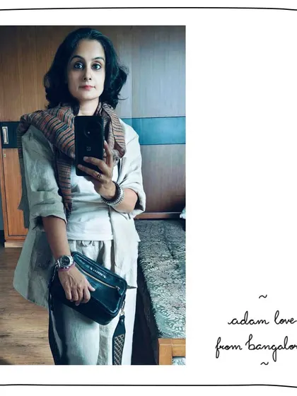 Our patron Menaka looking chic with her custom Adam bag. She created a unique look by pairing a Black Baag with a wide sling woven from Slate and Bronze leathers, a perfect example of our co-creation process.
