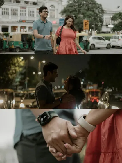 A cinematic collage from a Delhi shoot, featuring a walk through traffic, a close-up on holding hands, and a shared laugh at night.
