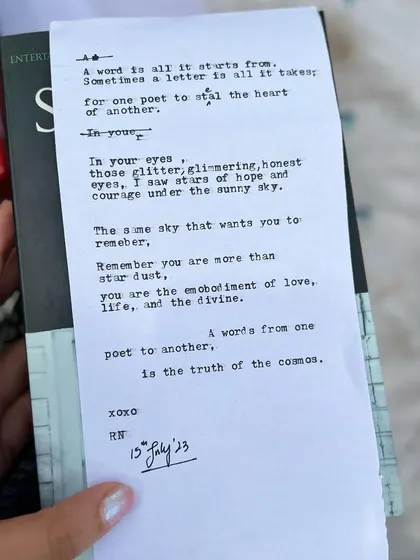 The very first poem I wrote at my first Cubbon Writes meetup. It was for another poet, and the words just flowed, a conversation from one soul to another about seeing the stars in each other's eyes.