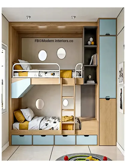 I designed this bunk bed to look like a submarine or spaceship with its cute round windows. The combination of wood and light blue is calming, and the built-in drawers and wardrobe provide tons of storage.