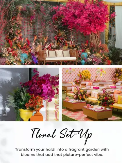 Transforming a Haldi into a fragrant garden is one of my favorite things to do. This collage shows how lush floral setups, from backdrops to table arrangements, can add a vibrant, picture-perfect vibe.