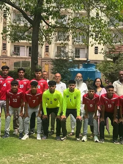 Our senior player Jatin Yadav (in red) with his Haryana U20 teammates. He was selected to play in the Swami Vivekanand National Football Championship.