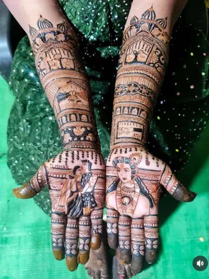 A unique design combining a portrait of a goddess on one palm and a bride-groom portrait on the other, reflecting the bride's personal beliefs and love story.