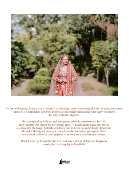 A classic wide shot of bride Mannat in a lush garden setting, showcasing her complete bridal look from head to toe.