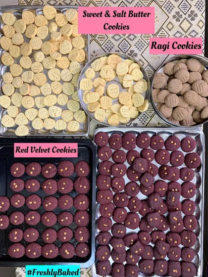 Freshly baked trays of my most popular cookies: Red Velvet, Sweet & Salt Butter, and healthy Ragi cookies.