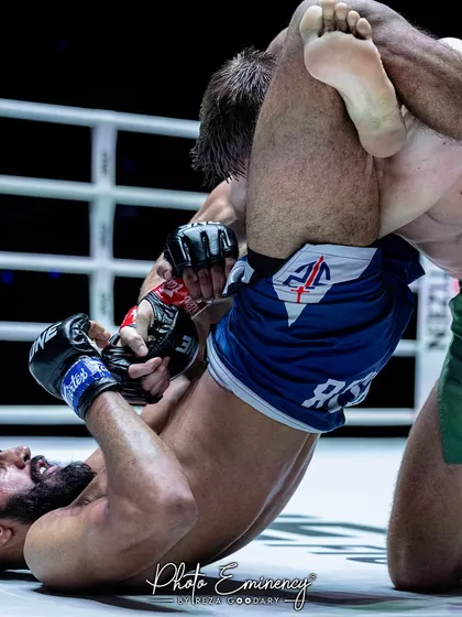 A dynamic grappling scramble captured during the ONE Championship fight. Our fighters are trained to thrive in the chaos and find opportunities to control and submit their opponents.