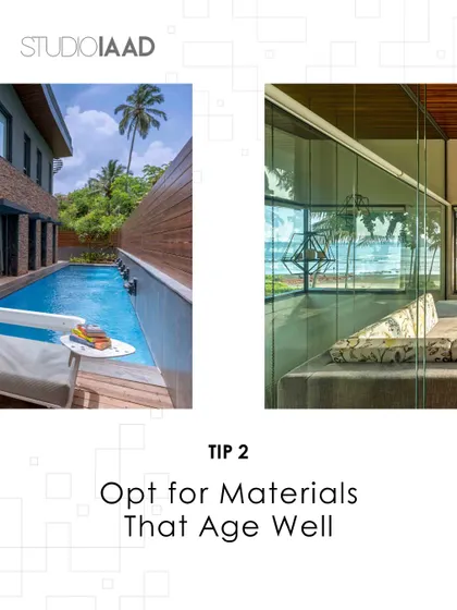 A graphic from our blog about designing low-maintenance holiday homes, with an image of a pool and deck area.