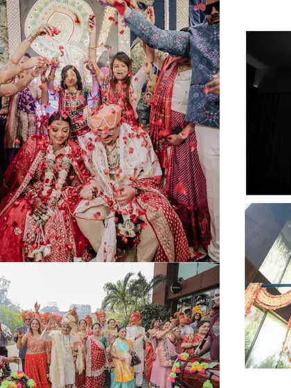 A collage capturing the essence of a vibrant wedding day. It includes the groom's baraat, the couple being showered with petals, and the stunning decor, telling a complete story.