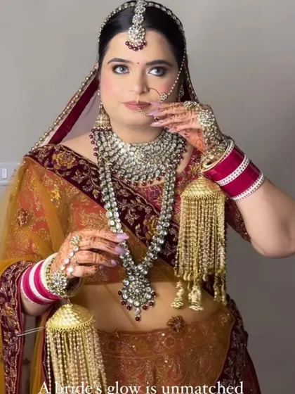 A portrait showing the full effect of the makeup and heavy jewellery.