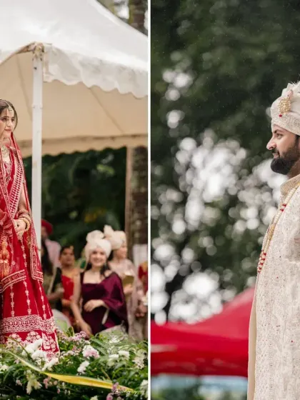 A collage capturing the "first look" moment, with the bride and groom seeing each other for the first time on their wedding day.
