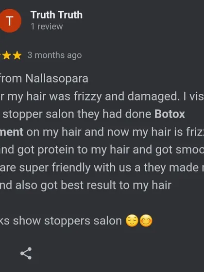 A client from Nallasopara thanks us for her frizz-free, smooth hair after a Botox treatment, highlighting our friendly service and great results.
