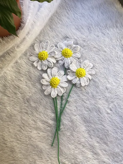 A handful of delicate crochet daisies. Their simple white petals and sunny yellow centers are perfect for adding a touch of handmade charm to any space.