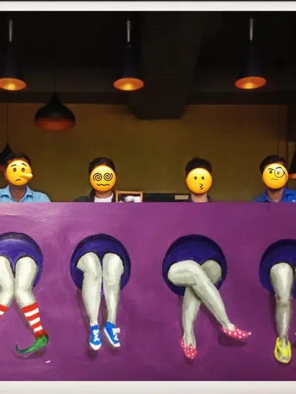 This quirky mural design, featuring just the legs of different characters, was an idea for a bar in Bangalore. It plays with themes of diversity and anonymity in a fun, whimsical way.