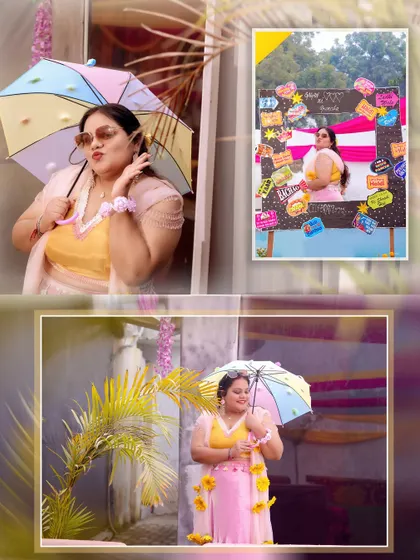 More playful portraits of the bride with her colorful umbrella at the Haldi event.