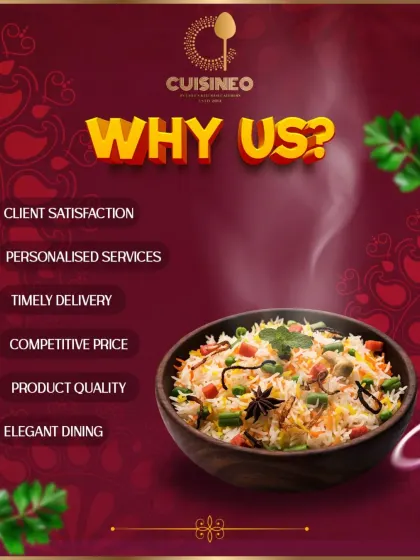 Why choose us? This graphic outlines our core promises: client satisfaction, personalized services, timely delivery, competitive pricing, high product quality, and an elegant dining experience. These are the pillars of our business.