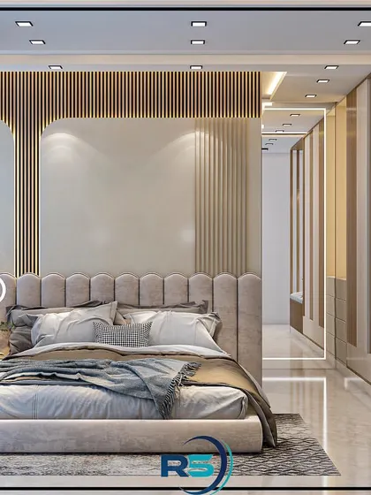 This 3D bedroom design uses vertical wood fluting and a soft, upholstered headboard to create a sense of height and warmth. A small, built-in seating nook by the window offers a cozy spot to relax.