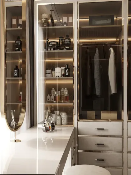 A detailed look at the illuminated shelving designed for perfumes and accessories, turning everyday items into a beautiful display.