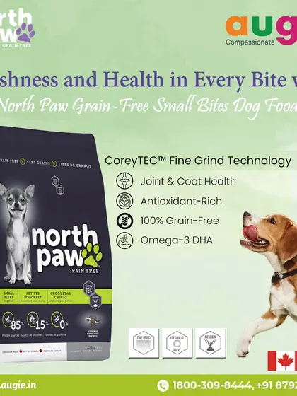For our smaller friends, North Paw Grain-Free Small Bites offers big nutrition. It's made in Canada with 100% grain-free ingredients, Omega-3 DHA for brain health, and antioxidants for a strong immune system.