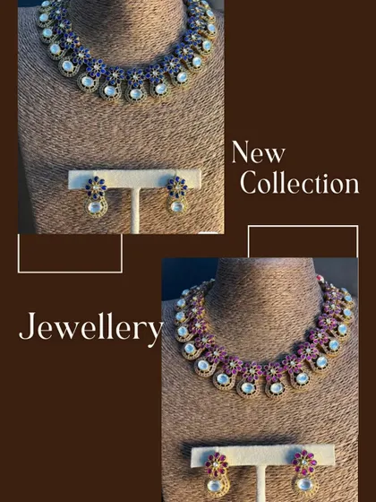 Part of my new collection, these stunning jewellery sets are designed to steal hearts. Available with blue or pink stones, each set includes a statement necklace and matching earrings, perfect for weddings.