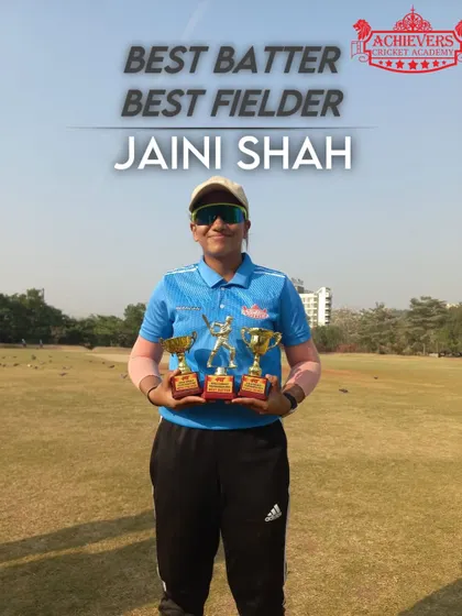 Jaini Shah with her well-deserved trophies for 'Best Batter' and 'Best Fielder' at the AT Sports Girls Cricket Tournament.