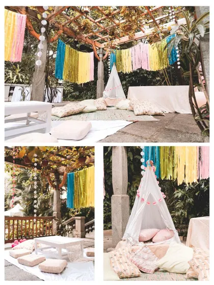 A collage showing different angles of a vibrant outdoor picnic. The setup includes colorful hanging tassels, a kids' teepee, and low seating for a relaxed, festive atmosphere.