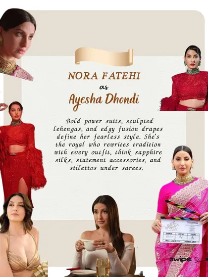 Ayesha Dhondhi is the rebel royal. Her style is defined by bold power suits, sculpted lehengas, and edgy fusion drapes. She's the royal who rewrites tradition with every outfit.