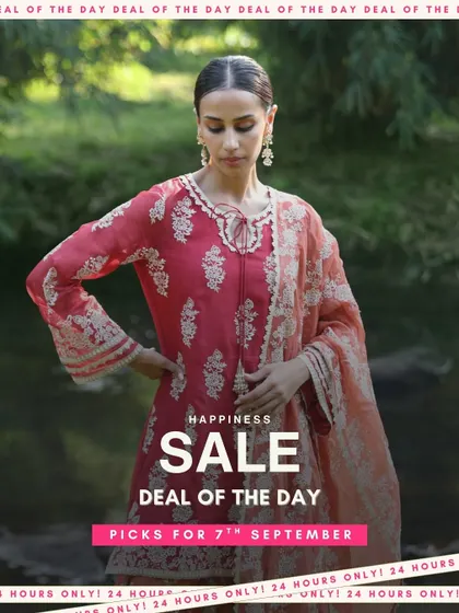 The Happiness Sale deal of the day. This red organza kurta set is a classic choice for any celebration. The deals only last for 24 hours, so don't wait.