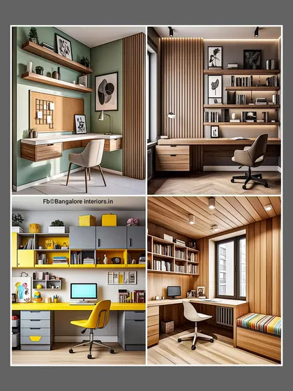 This collage shows four different styles of home offices I can create. From a minimalist floating desk to a more traditional setup with lots of shelving, each design is tailored to be both functional and beautiful.