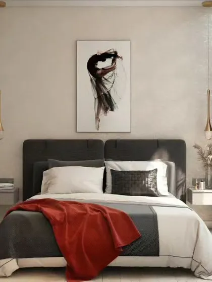 This bright and airy luxury bedroom uses a simple color palette of white, grey, and red. The minimalist furniture, elegant pendant lights, and large window create a serene and sophisticated atmosphere.
