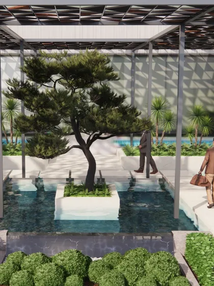 A duplicate of image 74, this rendering provides a clear view of how people might interact with the space, walking across the water on clean, stone-like paths. It emphasizes the fusion of nature, water, and human movement.