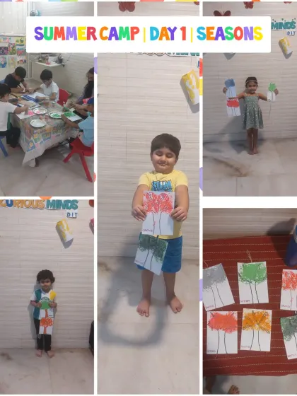 A collage from Day 1 of summer camp, where the theme was "Seasons." Children created artwork representing the four seasons, showing their understanding of the topic.