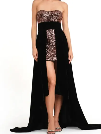 A front view of the strapless black and rose gold gown, a chic and modern rental choice.