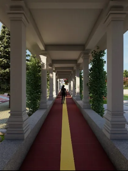 A 3D render visualizing the intended experience of walking through the temple corridors, with lush greenery planned to line the pathways.