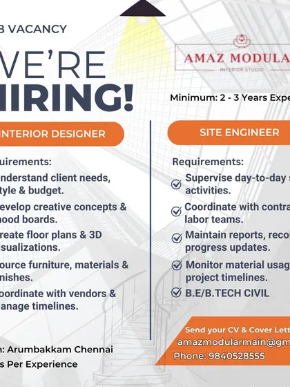 Amaz Modular in Chennai is hiring an Interior Designer with 2-3 years of experience to develop creative concepts and manage project timelines.