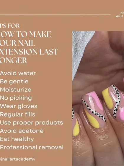 Want your nail extensions to last longer? This graphic provides ten essential tips, including avoiding water, moisturizing, and scheduling regular fills, to help you maintain your beautiful manicure.