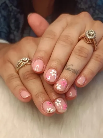 A recap photo showing a delicate floral design on short, natural nails.