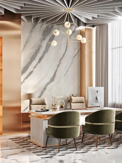 A photorealistic render of a luxurious MD cabin in a Gurugram office. The design features a statement ceiling, marble accent wall, and sophisticated furniture, all visualized to confirm the executive aesthetic.