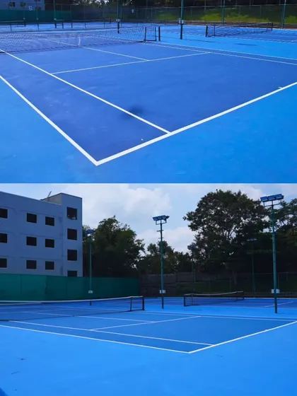 A collage showing different angles of our beautiful blue acrylic courts. We take pride in providing a world-class environment that inspires our players to perform at their best.